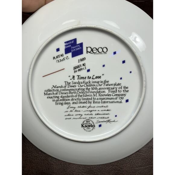 "Reco “A Time To Love" Collector Plate Sandra Kuck 1989 March of Dimes #12305C - Picture 2 of 8